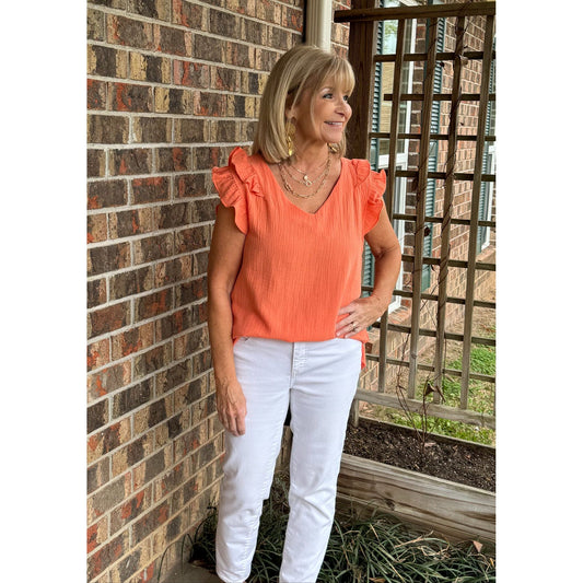 THE CORAL RUFFLE GAUZE V-NECK TOP