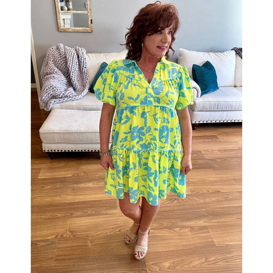 THE HAVE MORE FUN Lime Floral Print Dress